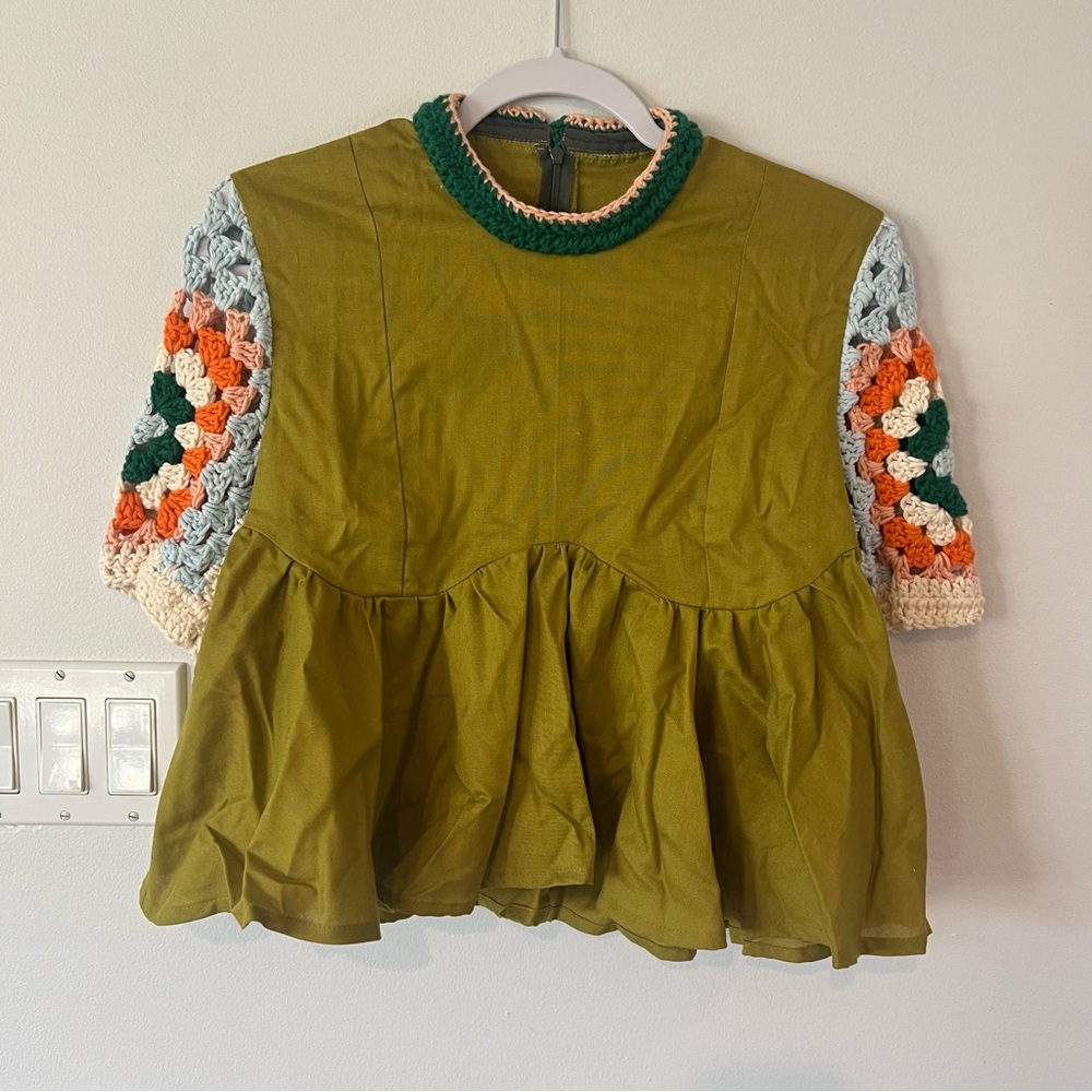 Handmade Olive Green Crochet Sleeve Blouse Crop Shirt